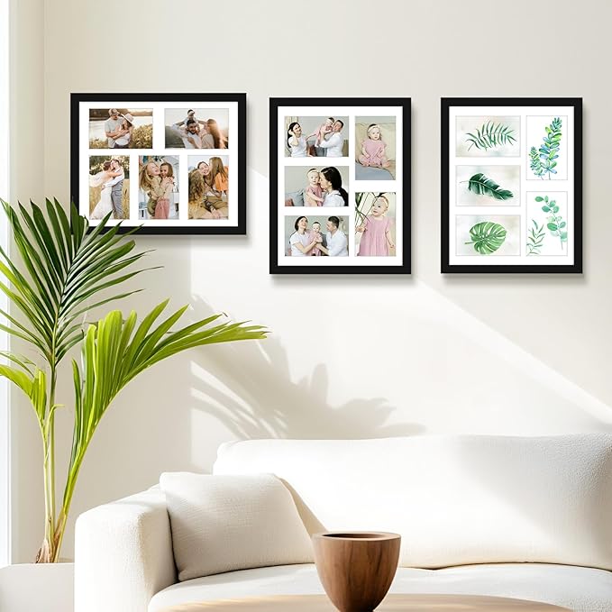 Golden State Art, 11x14 Black Wooden Frame with White Mat - Displays Five 4x6 Photos - Real Glass, Wall Mounting, Landscape, Portrait, 3 Pack