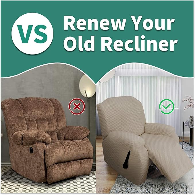 YEMYHOM 4 Pieces Oversized Stretch Recliner Slipcover Latest Jacquard Large Recliner Chair Cover with Side Pocket Anti-Slip Fitted Furniture Protector with Elastic Bottom (X-Large Recliner, Khaki)