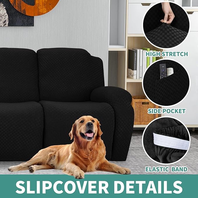 YEMYHOM 4 Pieces Stretch Recliner Slipcover Latest Jacquard Recliner Chair Cover with Side Pocket Anti-Slip Fitted Recliner Cover Couch Furniture Protector with Elastic Bottom (Recliner, Black)