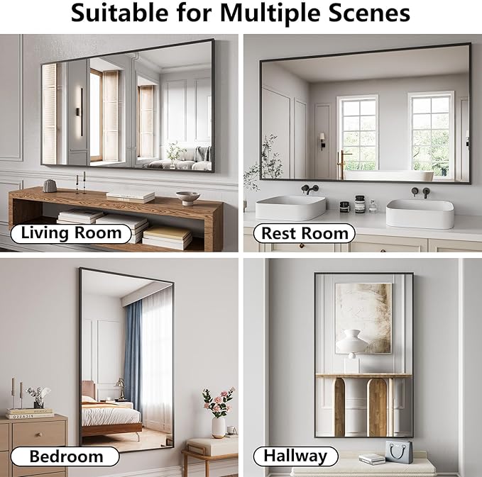 Koonmi Bathroom Mirror, 36X60 Brushed Black Metal Framed Wall-Mounted Mirror for Over Sink, HD Tempered Glass, Anti-Rust, Rectangle Mirror for Restroom, Bedroom, Hangs Horizontal or Vertical