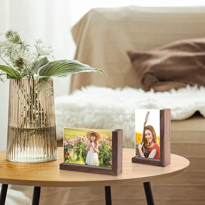 Mixoo 4x6 Picture Frames 2 Pack - Rustic Vintage Wooden Picture Frames 4x6 L-shape Wood Double Side Acrylic Photo Frame Vertical & Horizontal Display for Table Top or Desktop