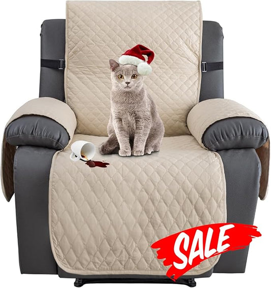 XINEAGE Water Resistant Recliner Cover, Nonslip Recliner Chair Covers for Reclining Chair with Pockets, Quilted Thick Recliner Slipcovers for Pets and Kids (Recliner Chair, Beige)