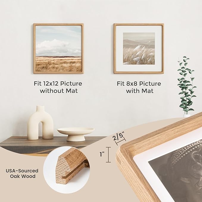 Fun Memories 12x12 Frame, USA-Sourced Oak Wood Photo Frames with HD Tempered Glass, Handcrafted Rounded Corner Square Wooden Frames Matted to 8x8 Photos, 12x12 Picture Frame, Tabletop or Wall Display