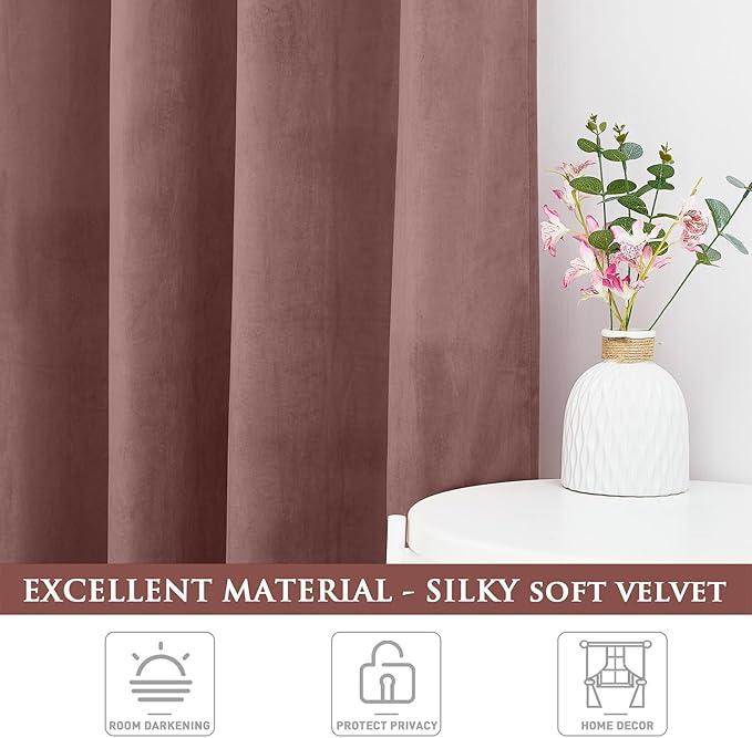 StangH Velvet Curtains 108 inches Long, Luxury Bedroom Decor Room Darkening Curtains for Sliding Door, Nursery Girls Room Thermal Decoration Grommet Window Drapes, Wild Rose, W52 x L108, 2 Panels