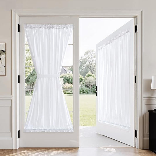 MIULEE Non-See-Through French Door Curtains for Doorway, Privacy Semi Sheer Curtains for French Doors, Light Filtering Rod Pocket Window Drapes with Tie Back, White, 54 x 72 inches, 2 Panels