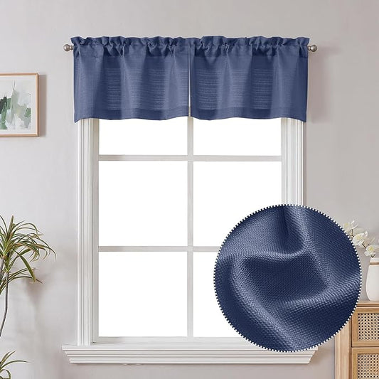 Chyhomenyc Bennet Blue Valance for Windows, Faux Linen Slub Textured Semi Sheer Small Window Kitchen Valance Curtain, Rod Pocket Cafe Valance for Bathroom Laundry Basement, 30Wx14L inch, 2 Piece