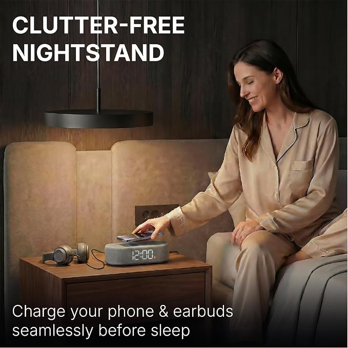 Fabric Digital Alarm Clock for Bedroom, Wireless Charging, Grey - Image 2