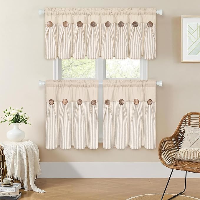 ASPMIZ Linen Kitchen Curtains 24 Inch Length, Farmhouse Boho Button Kitchen Window Curtain Over Sink, Khaki Striped Short Curtains for Small Windows, Bathroom, Rod Pocket Window Treatment Tiers