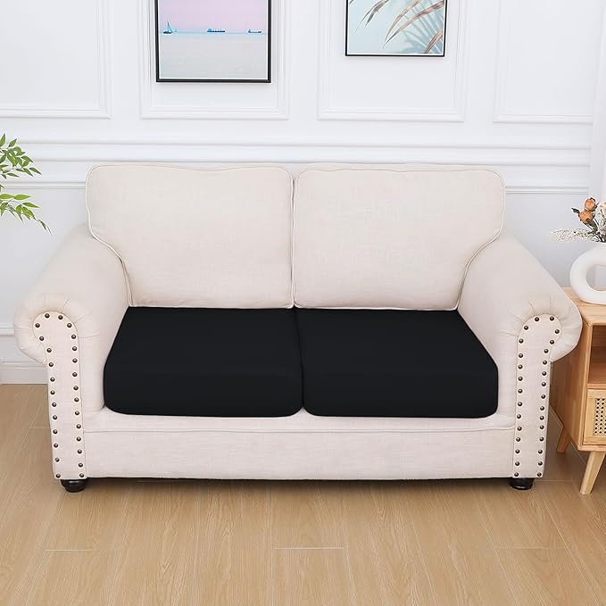 hyha Milk Silk Couch Cushion Covers, Soft Magic Sofa Covers Washable for 2 Cushion Couch, Stretch Sectional Outdoor Cushion Covers for Patio Furniture with Elastic Bottom(2 Packs, Black)