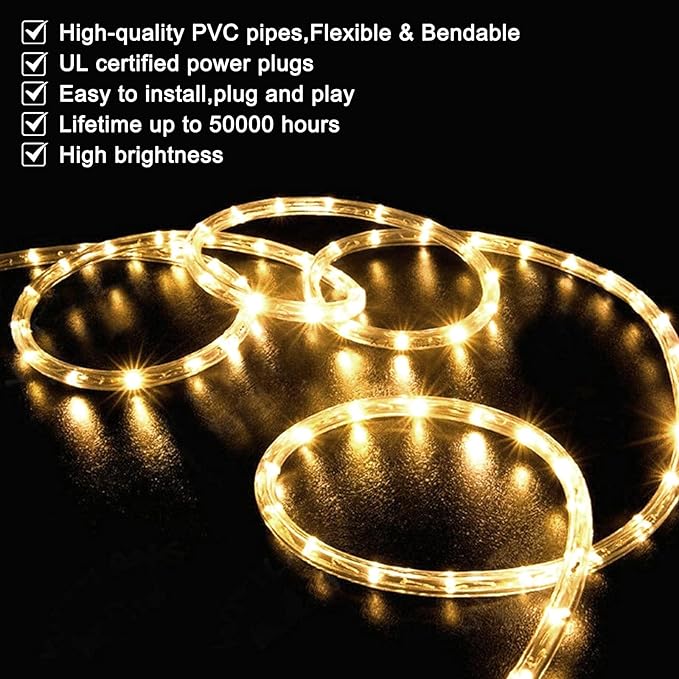 SURNIE LED Rope Lights Outdoor Warm White, Waterproof 33FT Cuttable 3000K Soft Lighting Indoor 110V Flexible Clear Tube for Bedroom Outside Garden Deck Patio Camping Decor, Not Flat Strip