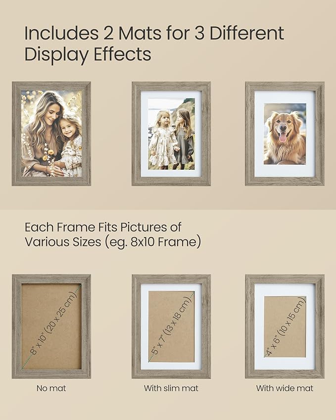 SONGMICS Picture Frames with 16 Mats, Set of 10 Collage Photo Frames, Two 8x10, Four 5x7, Four 4x6, Hanging or Table Display,12 Non-Trace Nails, Maroon Brown, Heather Greige, Ash Black URPF049K04