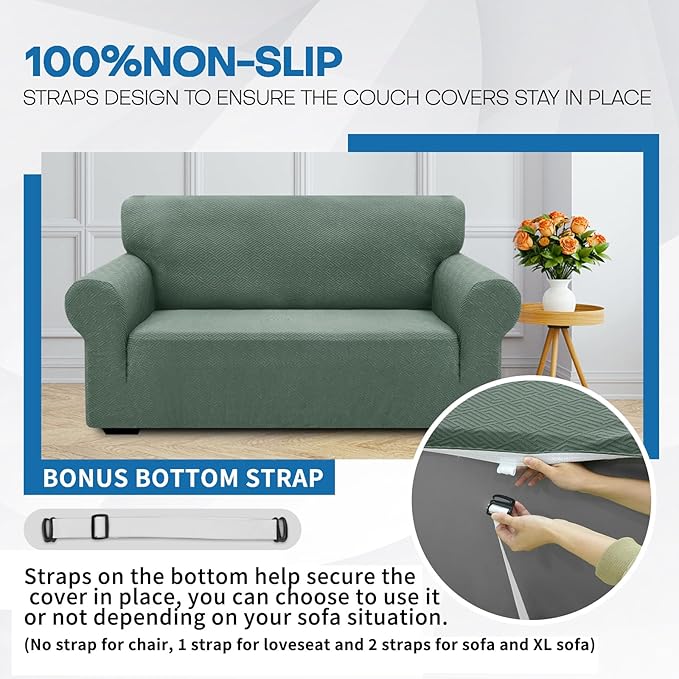 XINEAGE New 1 Piece Couch Covers for 2 Cushion (55"-69") Stretch Loveseat Sofa Cover Slipcover Jacquard Universal Furniture Protector with Elastic Bottom for Kids,Dog (Loveseat, Pea Green)