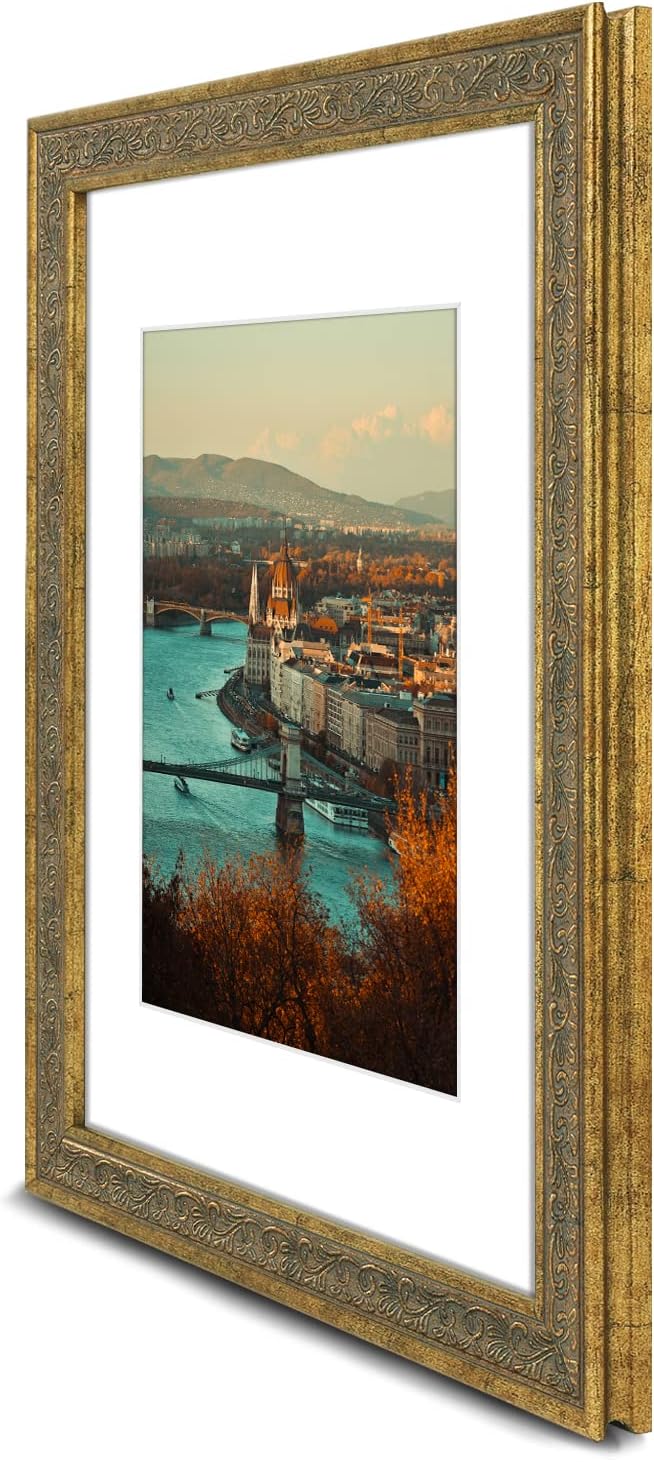 Golden State Art, 11X14 Ornate Finish Photo Frame with White Mat for 8x10 Picture & Real Glass. Color: Distressed Gold
