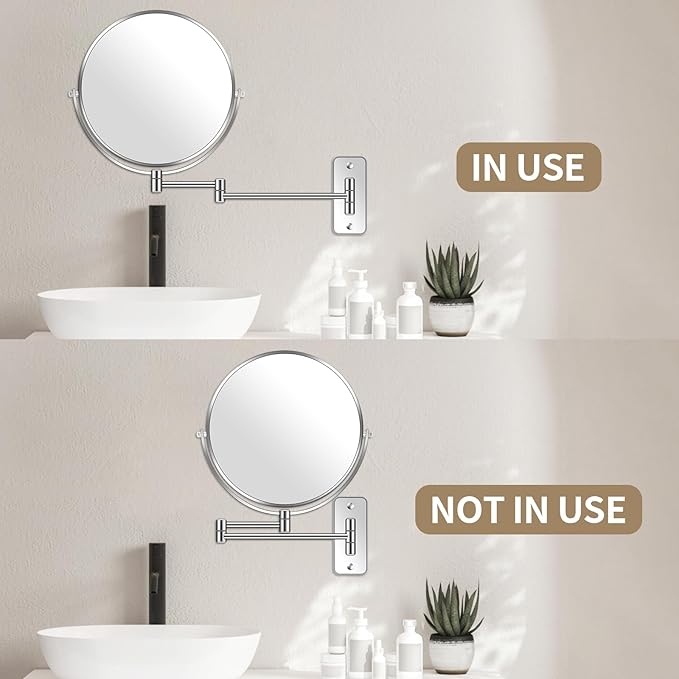 BTremary 8” Wall Mounted Magnifying Makeup Mirror 1X/7X Wall Mount Mirror Swing Arm Two-Sided 360° Swivel Bathroom Shaving Mirror for Men and Women in Hotel/Home, Chrome