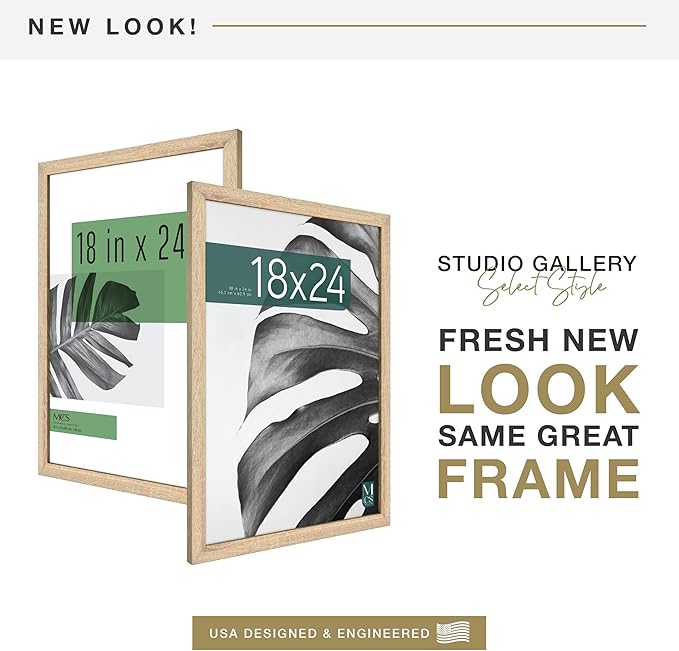 MCS Studio Gallery 18x24 Poster Frame Natural Woodgrain Engineered Wood, Vertical & Horizontal Wall Hanging Large Picture Frame for Photos, Posters & Art Prints (2-Pack)