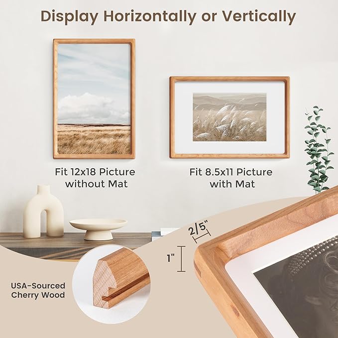 12x18 Poster Frame, USA-Sourced Cherry Wood Picture Frame with HD Tempered Glass, Handcrafted Rounded Corner 12 x 18 Wooden Frames Matted to 8.5x11 Photos, Horizontal or Vertical Wall Display