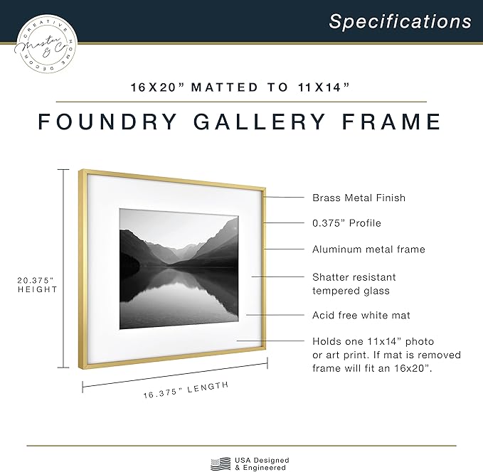 MCS Master & Co. Foundry Metal 16x20 Matted Picture Frame with 11x14 Photo Display, Brass Vertical & Horizontal Wall Hanging Frame for Photos & Artwork (1-Pack)