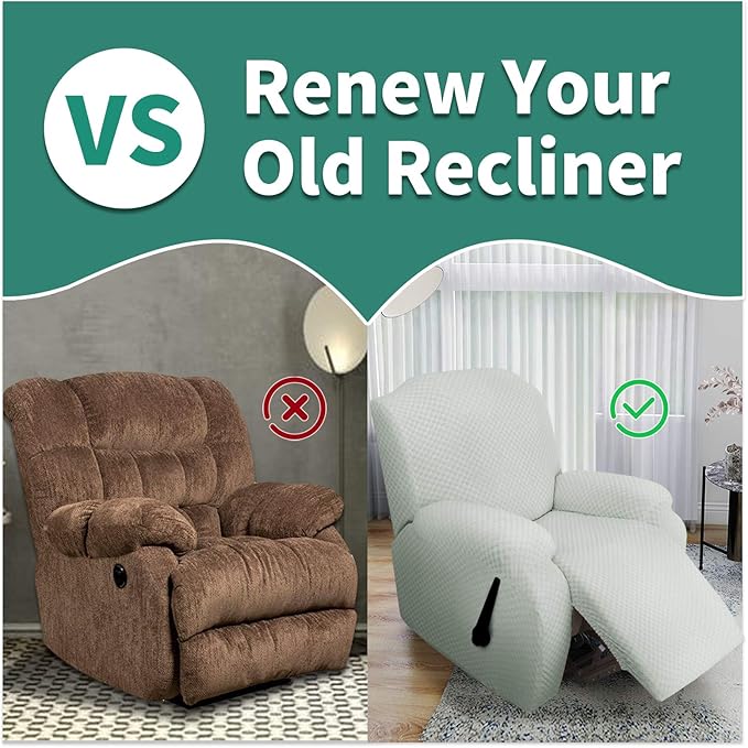 YEMYHOM 4 Pieces Stretch Recliner Slipcover Latest Jacquard Recliner Chair Cover with Side Pocket Anti-Slip Fitted Recliner Cover Couch Furniture Protector with Elastic Bottom (Recliner, Ivory)