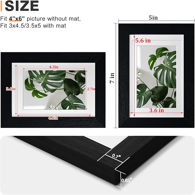 Egofine 4x6 Picture Frames 4PCS Covered by Plexiglass, for Picture 3x4.5/3.5x5 with Mat or 4x6 whitout Mat, Made of Solid Wood for Table Top Display and Wall Mounting Photo Frame, Black with Texture