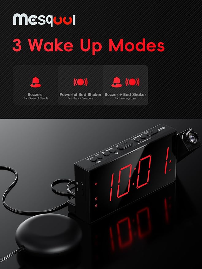 Mesqool Projection Alarm Clock with Loud Bed Shaker, Dual Alarms | 5-level Dimmer, USB charger, Snooze & DST, Loud Vibrating Alarm with Battery Backup, Perfect for Heavy Sleepers - Image 5