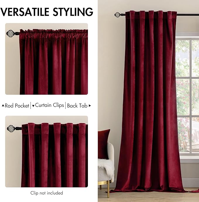 MIULEE Velvet Curtains 2 Panels Luxury Blackout Curtains for Bedroom Living Room Thermal Insulated Super Soft Christmas Window Drapes Rod Pocket & Back Tab, Burgundy Red, W52 x L72 inches