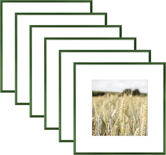 Golden State Art 12x12 Picture Frame 6 Pack - Dark Green Aluminum Photo Frames With 8x8 Mats and Real Glass Cover - Elegant Minimalist Wall Gallery Frames for Home or Office Decor