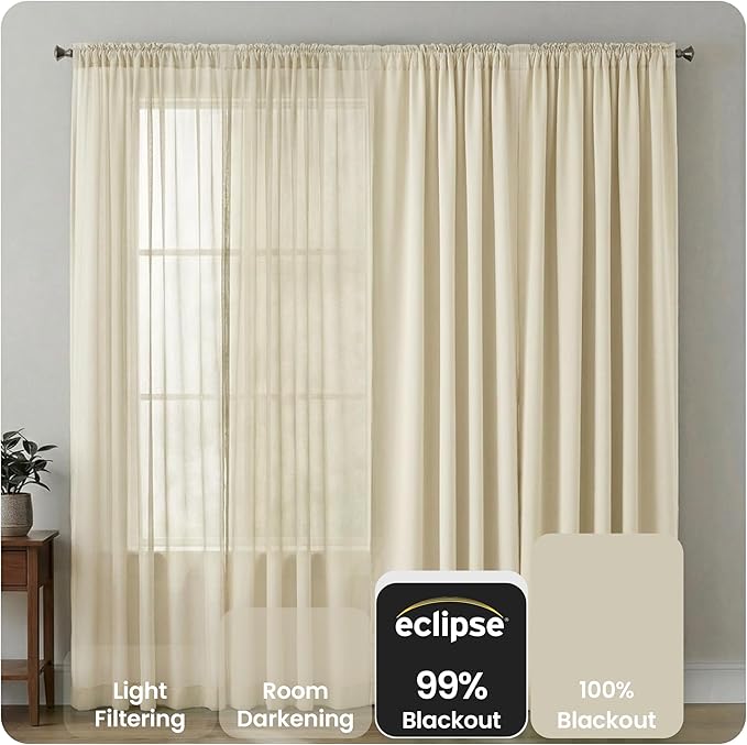 ECLIPSE Kendall Modern Blackout Thermal Rod Pocket Window Curtain for Bedroom or Living Room (1 Panel), 42" x 63", Ivory