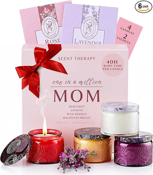Scented Candle Set - 4 Candles and 2 Sachets - Aromatherapy Scents for Birthday Gifts for Mom - Over 160-Hour Burn Time for Mom Birthday Candles, Relaxation & Holiday Gift Idea