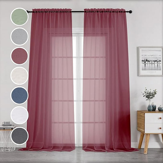 OWENIE Sheer Curtains 96 Inch Long, Elegant Sheer Curtains for Bedroom, Window Voile Sheer Curtain Panels/Drapes/Treatment for Living Room, 2Pcs, Each 42" W x 96" L, Burgundy