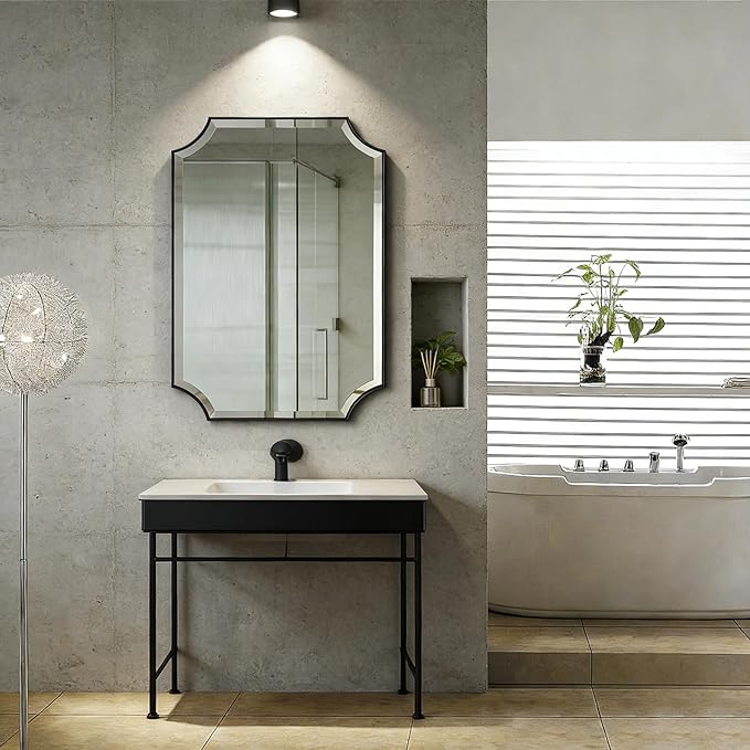 POZINO Rectangle Beveled Mirror, 22"x30" Bathroom Vanity Mirror with Stainless Steel Frame, Modern Aesthetic Scalloped Edge Wall Mirrors for Bedroom Hallway Entryway, Horizontal or Vertical Hanging