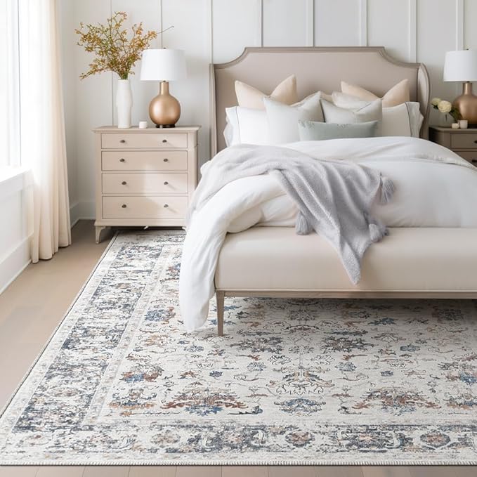jinchan Area Rug 5x7 Living Room Rug - Washable Vintage Boho Floral Print Floor Cover Lightweight Low Pile Thin Non-Slip Retro Distressed Carpet for Bedroom Dining Room Kitchen Office Grey Multi