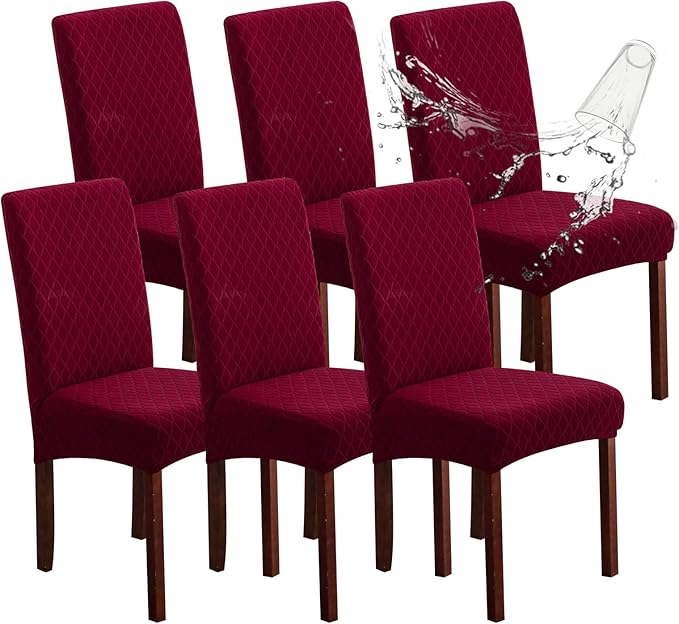 Genina Waterproof Chair Covers for Dining Room, Stretch Jacquard Dining Chair Slipcovers Removable Washable Chair Protector for Kitchen, Hotel, Restaurant (Argyle-Wine Red, 6 PCS)