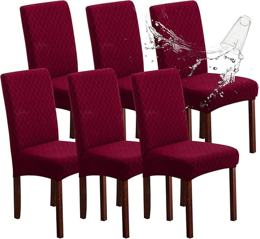 Genina Waterproof Chair Covers for Dining Room, Stretch Jacquard Dining Chair Slipcovers Removable Washable Chair Protector for Kitchen, Hotel, Restaurant (Argyle-Wine Red, 6 PCS)