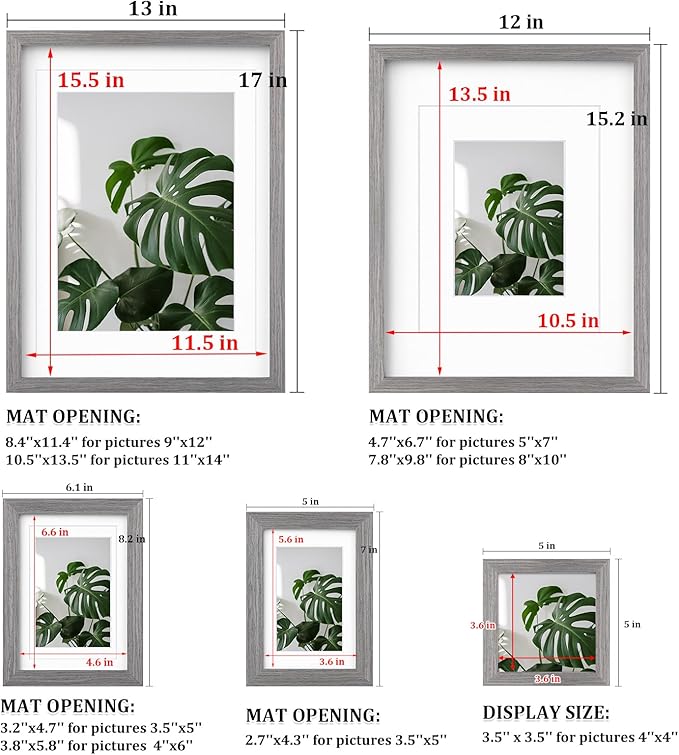 Egofine Picture Frame Set 10 Pack, Collage Wall & Tabletop Decor with Two Sizes - 12x16, 11x14, 5x7, 4x6, 4x4; Solid Wood, Plexiglass Cover, Oak Grey