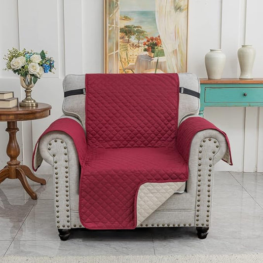 XINEAGE Quilted Chair Sofa Cover Waterproof Chair Covers for Armchair, Super Soft Washable Slipcover with Pockets & Non-Slip Elastic Straps, Thick Furniture Protector (Red)