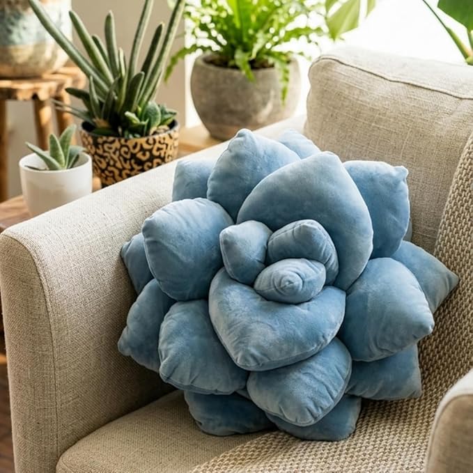 Green Philosophy Co. Succulent® Pillow 16" – Soft 3D Flower Shaped Throw Pillow, Smokey Blue Plush Succulent Pillow for Couch & Bedroom Decor, Cute Plant Lover Gift