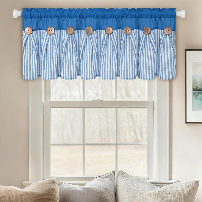 ASPMIZ Farmhouse Cotton Linen Valances for Windows, Boho Kitchen Curtains Valances with Rustic Button, Lake Blue Striped Window Treatments Curtain Valance for Bathroom Cafe, 52 x 18 Inch, 1 Pannel