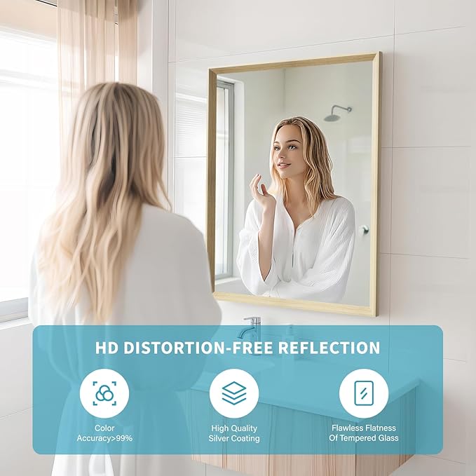 Oak Wood Effect Framed Wall Mirror, 22x30 Rectangle Mirror, Anti-desilvering Tempered Glass, Sustainable& Sturdy Frame, Farmhouse Mirror, Anti-Rust, 3min Fast Setup for Bathroom Living Room