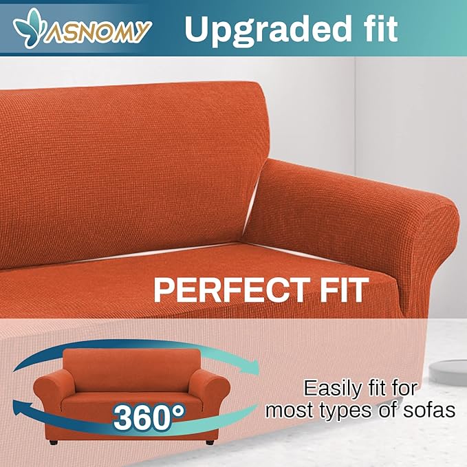 Asnomy Sofa Covers for 2 Cushion Couch Stretch Loveseat Slipcovers, Pet Protector Furniture Covers for Dogs Cats Spandex Jacquard Fabric Small Checks (Medium, Pumpkin)
