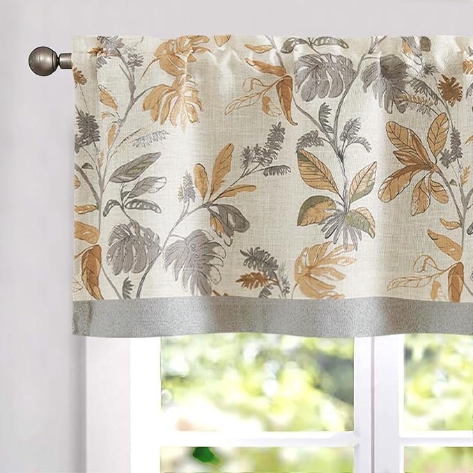 jinchan Linen Valance Double Layer Kitchen Window Curtain Yellow Leaf on Beige Valance for Living Room Cafe Farmhouse Light Filtering Rustic French Country Curtain 16 Inch Rod Pocket 1 Panel