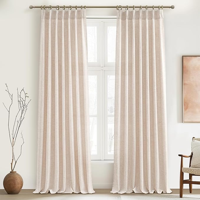 PleatedDrapes Drop Cloth Farm House Tall Curtains for High Living Room, Pinch Pleated Semi Sheer Curtains 120 Inches Long/10 Foot 2 Panels Set with Hook Linen Look Ruffle Light Filtering W40 xL120