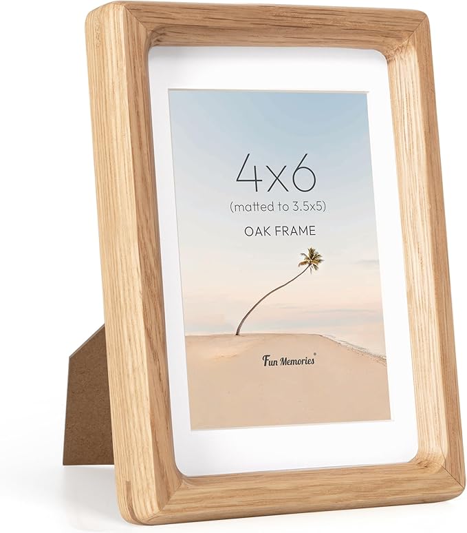 Fun Memories 4x6 Picture Frame, USA-Sourced Oak Wood Photo Frames with HD Tempered Glass, Handcrafted Rounded Corner 4 x 6 Wooden Frame Matted to 3.5x5 Photos, 4x6 Frames, Tabletop or Wall Display