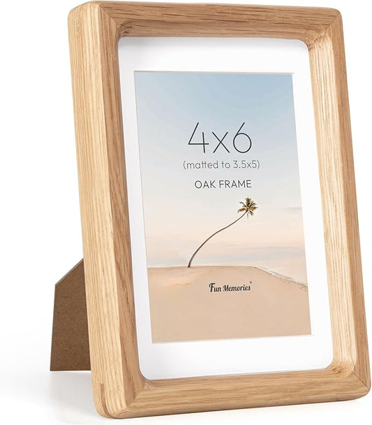 Fun Memories 4x6 Picture Frame, USA-Sourced Oak Wood Photo Frames with HD Tempered Glass, Handcrafted Rounded Corner 4 x 6 Wooden Frame Matted to 3.5x5 Photos, 4x6 Frames, Tabletop or Wall Display
