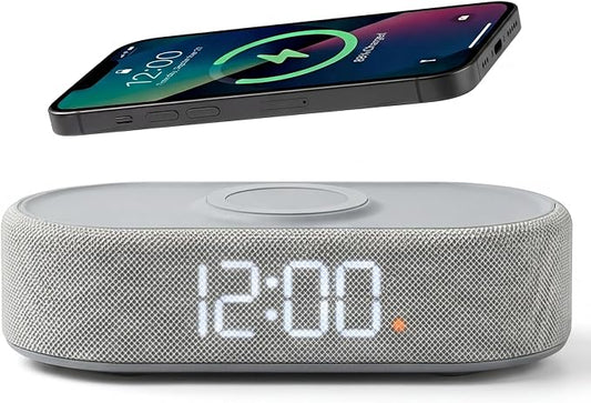 Fabric Digital Alarm Clock for Bedroom, Wireless Charging, Grey by Lumoday