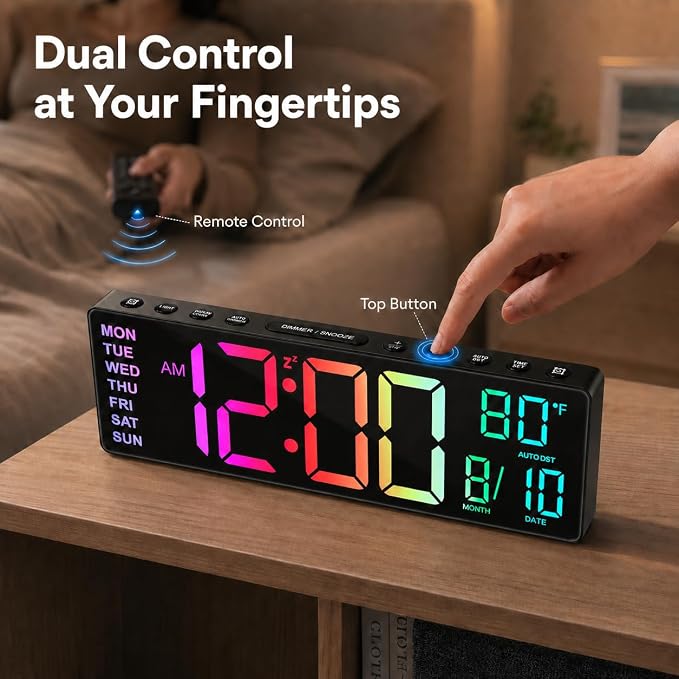 JALL 10.5'' Large Digital Alarm Clock with Big LED Number for School Classroom, Remote Control, RGB Colors,Timer, Dual Alarm, Temperature for Bedroom, Living Room, Gift for Senior Student Teacher - Image 4