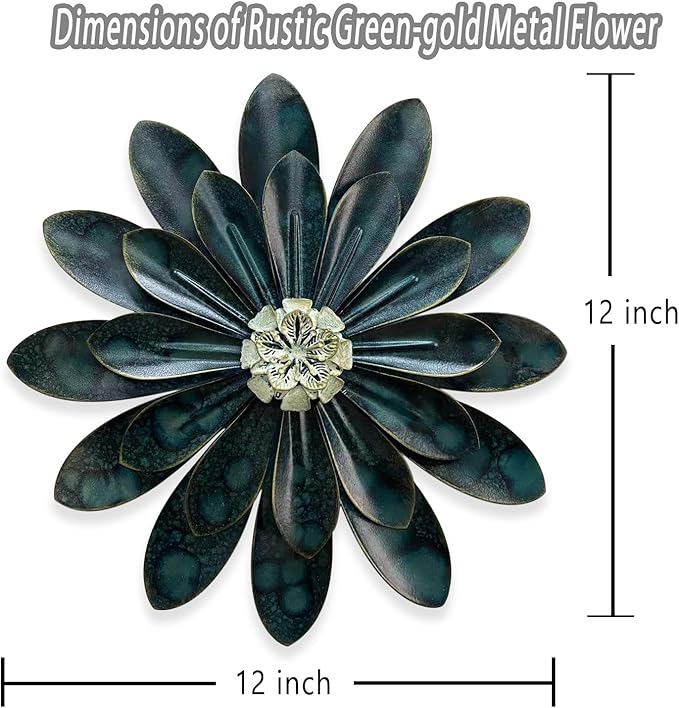 Novbvia Metal Flower Wall Sculpture, 12" Rustic Modern Floral Artwork, Distressed 3D Layered Iron Flower Wall Hanging Accent for Indoor/Outdoor, Kitchen,Living Room Office Garden Decor (Dark Green)