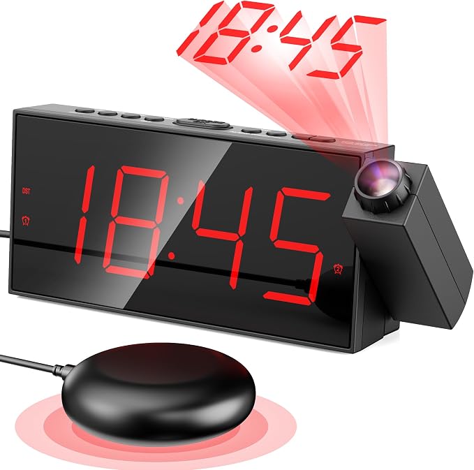 Mesqool Projection Alarm Clock with Loud Bed Shaker, Dual Alarms | 5-level Dimmer, USB charger, Snooze & DST, Loud Vibrating Alarm with Battery Backup, Perfect for Heavy Sleepers by Mesqool