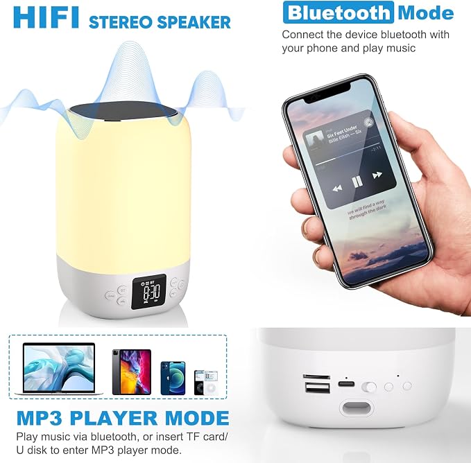 Nightlight Bluetooth Speaker Alarm Clock, Sound Machine with White Noise - Image 3