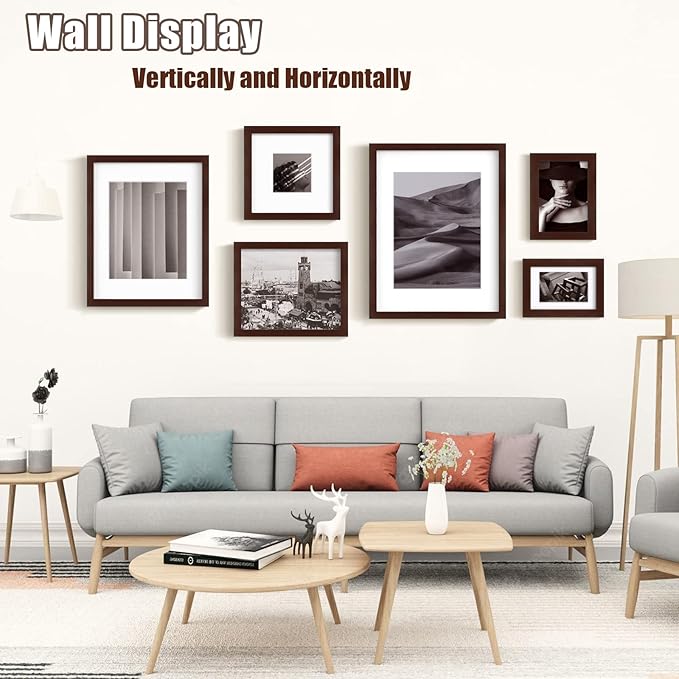 Egofine 8x10 Picture Frames Made of Solid Wood with Plexiglass, Display Pictures 4x6/5x7 with Mat or 8x10 Without Mat Set of 4 for Tabletop and Wall Mounting, Walnut Color