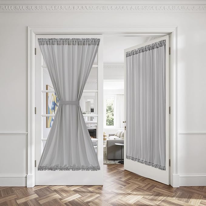 MIULEE Non-See-Through French Door Curtains for Doorway, Privacy Semi Sheer Curtains for French Doors, Light Filtering Rod Pocket Window Drapes with Tie Back, Grey, 54 x 72 inches, 2 Panels